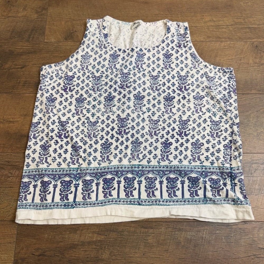 Geeta Tank Top Women XL White Purple Dancing Bears Block Print India Cotton